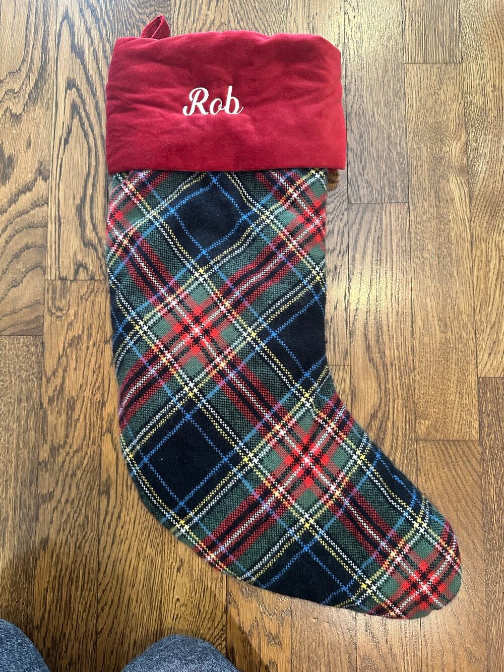 Pottery Barn Plaid Red Velvet Cuff Christmas Holiday Stocking Embroidered “Rob”